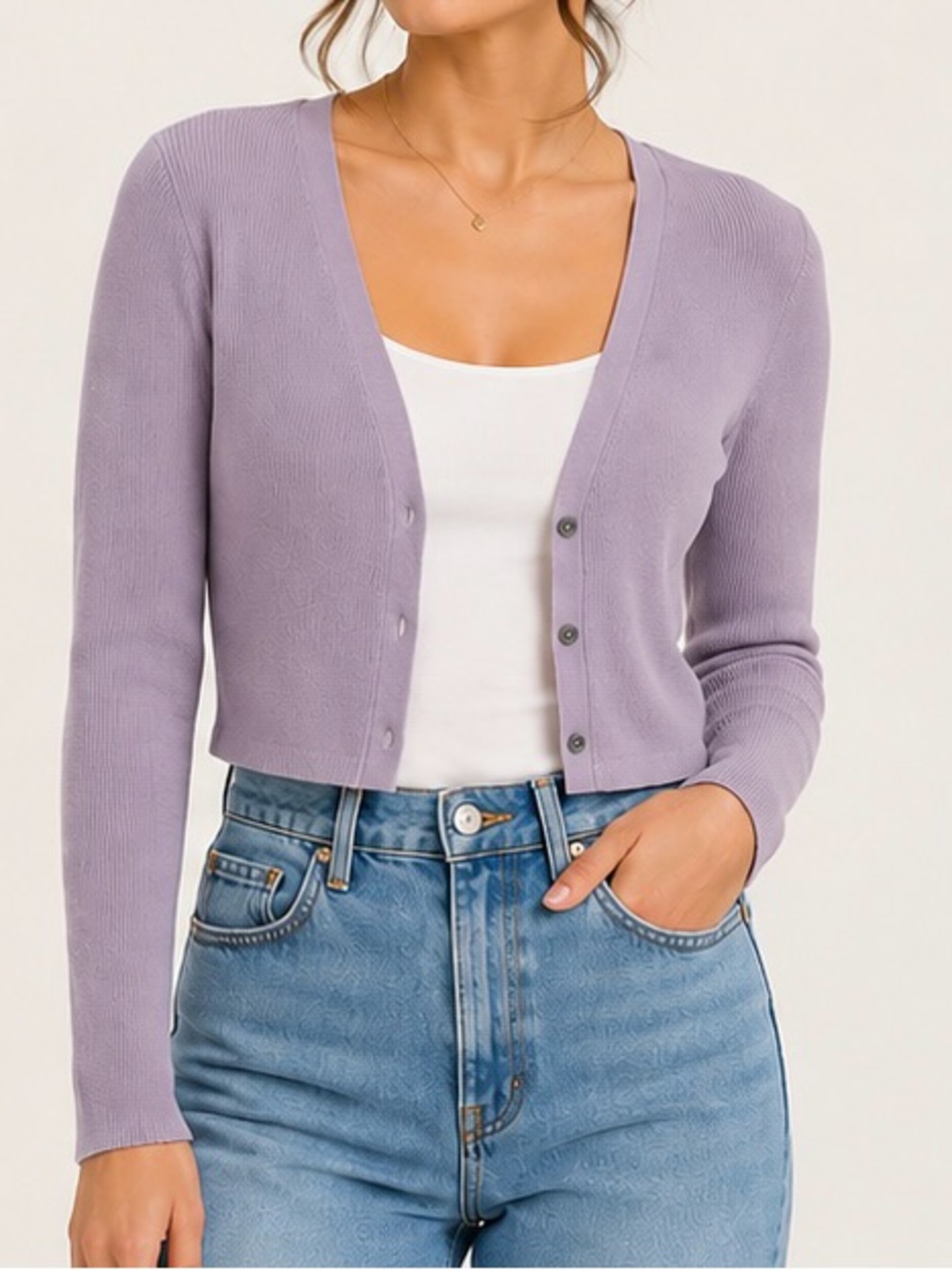 Lavender V-Neck Cropped Cardigan Sweater